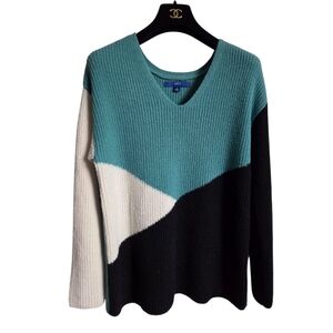 Apt. 9 Teal, Black, and Cream Colorblock V-Neck Sweater Womens Size Small